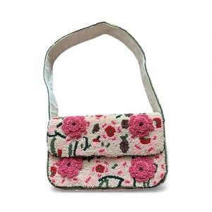 Floral Beaded Shoulder Bag - Pink and White